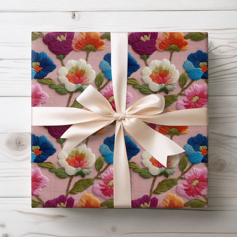 Embroidered Elegance - Floral Embroidery Seamless Pattern Wrapping Paper