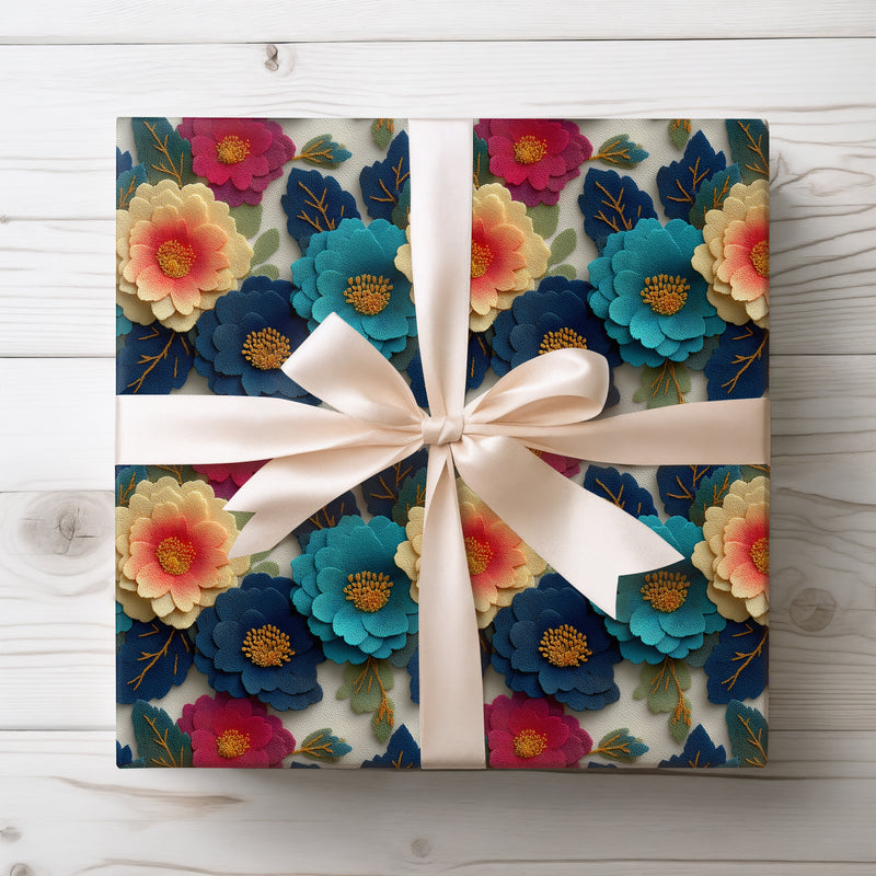 Enchanting Blossom Brocade - Elegant Embroidered Floral Wrapping Paper