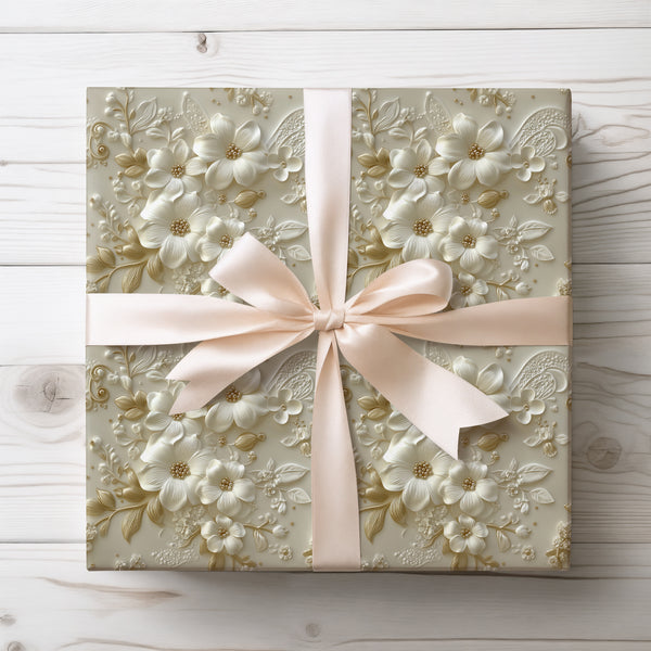 Petal Luxe - Elegant White and Gold Floral Gift Wrap