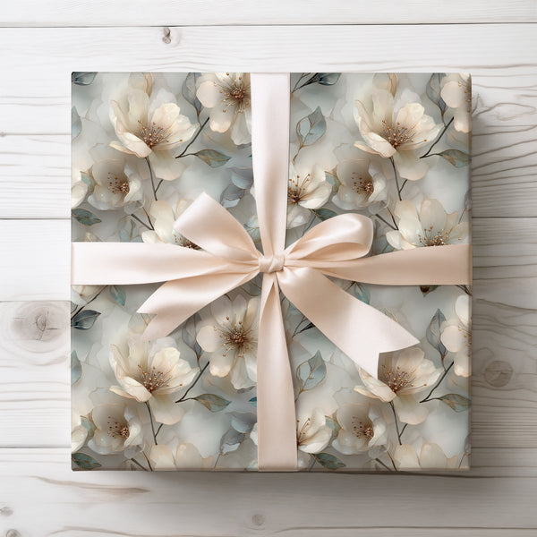 Moonlit Blossoms - Elegant Cream and Gold Magnolia Floral Pattern Wrapping Paper