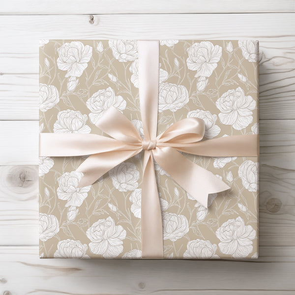 TaupeRose – White Rose Flower Pattern on Taupe Background Wrapping Paper