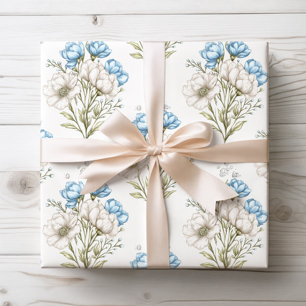 Glimmerpetal Waltz – Delicate white and blue blooming flowers with crystals wrapping paper