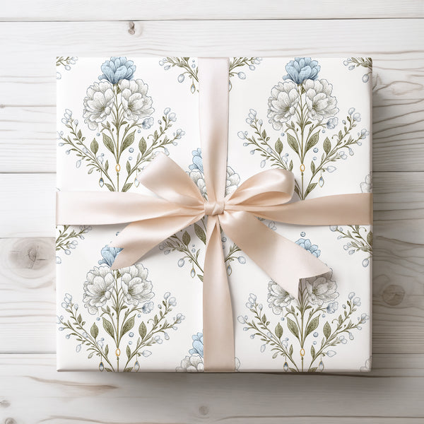 Jewelstem Tapestry – Detailed vintage botanical flowers with hanging gems wrapping paper