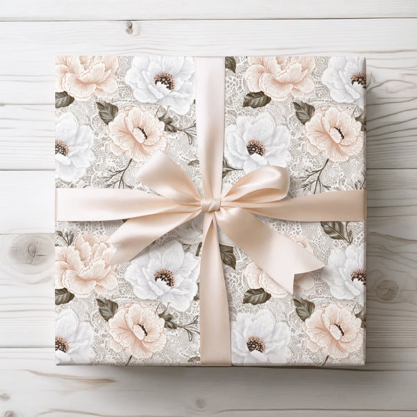 LaceBloom – White Peonies and Anemones on Lace-Inspired Neutral Background Wrapping Paper