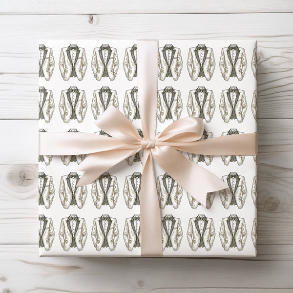 IvoryCharm – Elegant White Tuxedo Suit Wrapping Paper