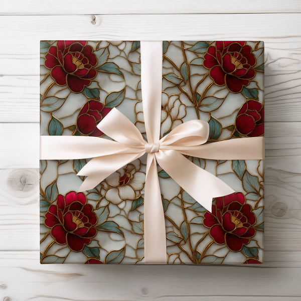 Regal Blossom - Exquisite Gold and Red Floral Stained Glass Wrapping Paper