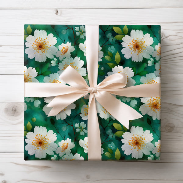 Verdant Bloom Symphony - Watercolor Floral Wrapping Paper on Green Background