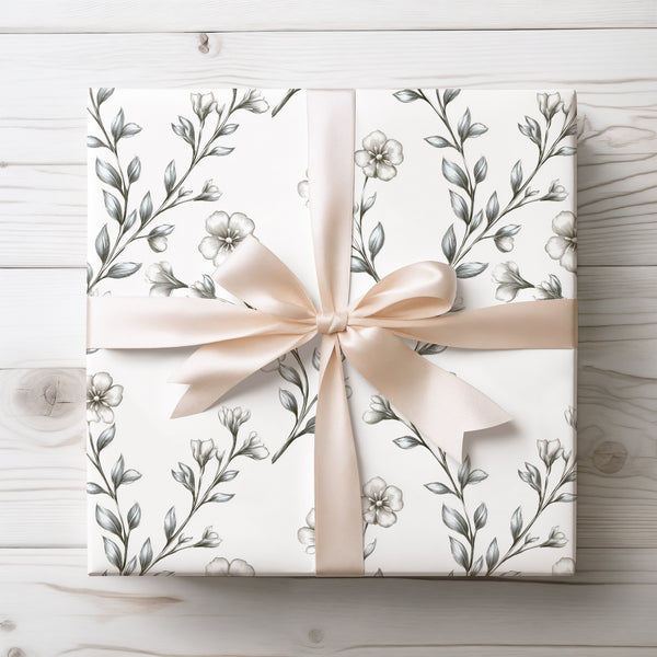 Silversage Bloom – Subtle silver-toned floral pattern on white background wrapping paper