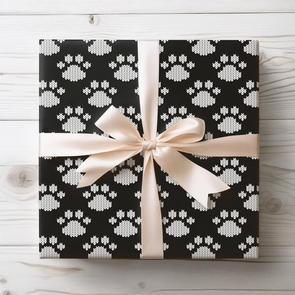 Arctic Paws - Black and White Knit Paw Print Wrapping Paper