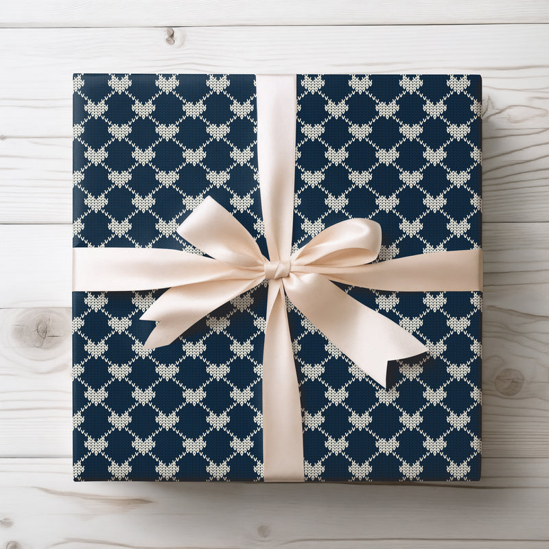 Midnight Embrace – Knitted Heart Pattern Wrapping Paper (Navy & White)