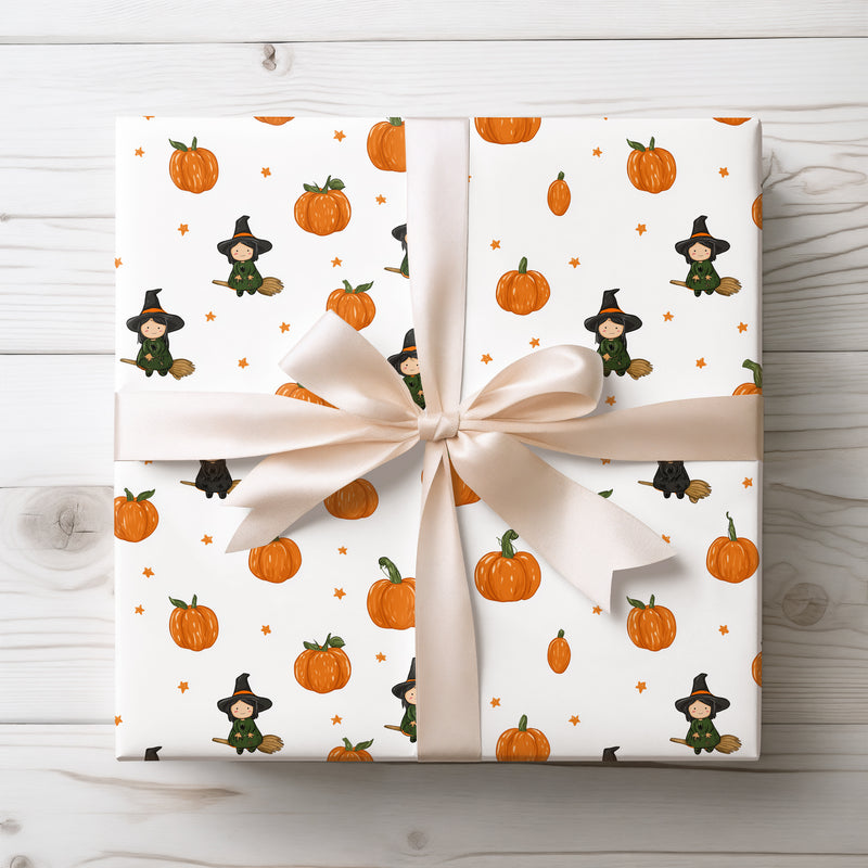 PumpkinSprite – Cute Witch & Pumpkin Halloween Wrapping Paper