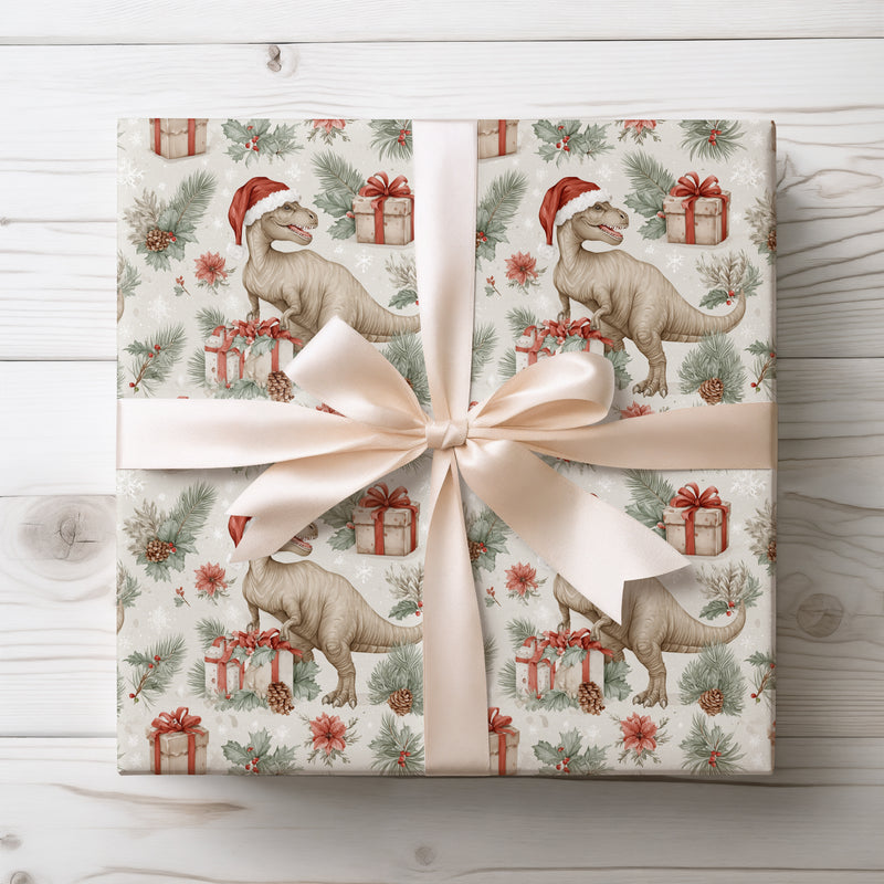 Evergreen Rex – Christmas Dinosaur Wrapping Paper with Santa Hat, Pinecones, and Holiday Gifts