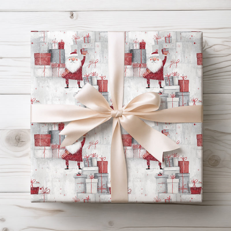 Northstar Cheer – Santa Claus and Stacked Gift Boxes Watercolor Christmas Wrapping Paper