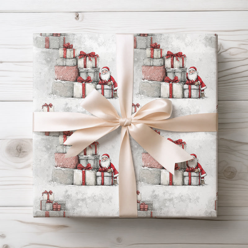 Snowbound Spirit – Santa with Holiday Gift Stacks Wrapping Paper