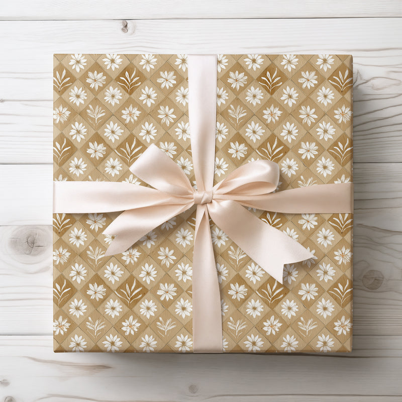 SnowPetal Lattice – Beige Craft Paper with White Floral Diamond Wrapping Paper