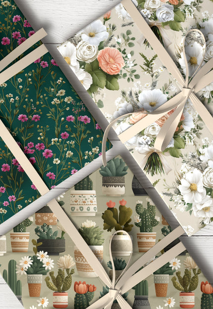 Floral wrapping paper with roses and botanical flower designs