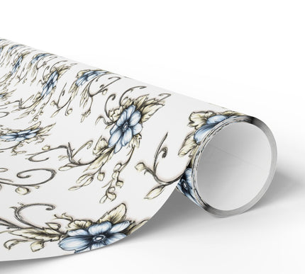Frostbloom Elegy – Vintage blue and beige floral scroll pattern on white wrapping paper
