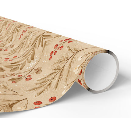 BerryWhisper – Rustic Red Berry and Pine Branch Wrapping Paper