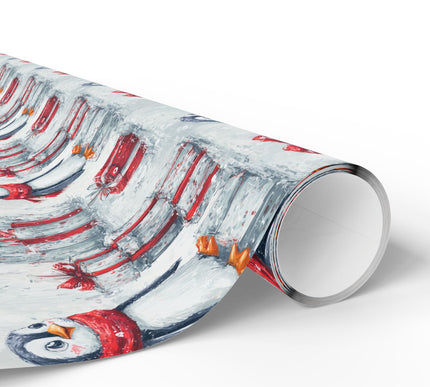 NorthPole Penguin – Cute Penguin Christmas Wrapping Paper with Red Scarf and Presents