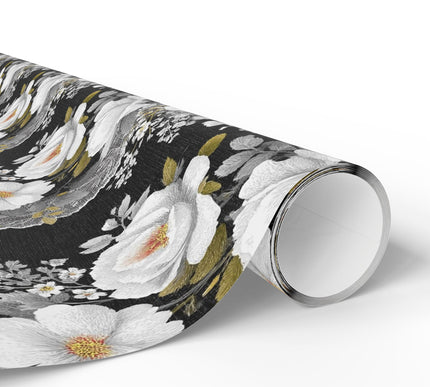 Midnight Lace - Intricate white blooms on a dramatic black background Gift Wrap