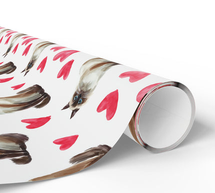 Cloudpurr Romance – Watercolor Birman Cat with Soft Red Hearts Wrapping paper
