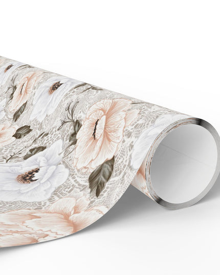 LaceBloom – White Peonies and Anemones on Lace-Inspired Neutral Background Wrapping Paper
