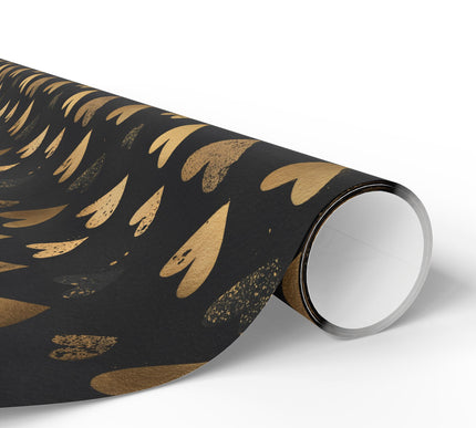 Gilded Lovefall – Gold foil distressed hearts on black background wrapping paper