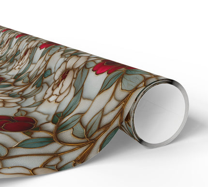 Regal Blossom - Exquisite Gold and Red Floral Stained Glass Wrapping Paper