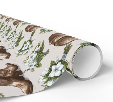 Broncelyn Thornhide – Brown cowboy boots and wedding bouquet seamless pattern wrapping paper
