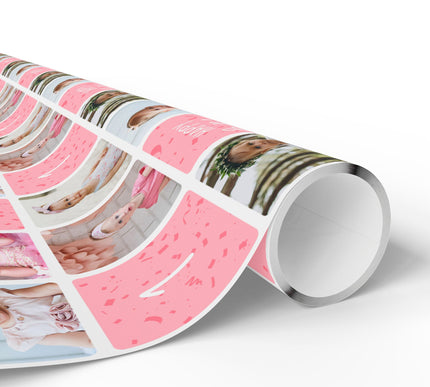 PinkSpark Wishes – Custom 1st Birthday Girl Photo Collage Wrapping Paper - Up to 6 custom photos