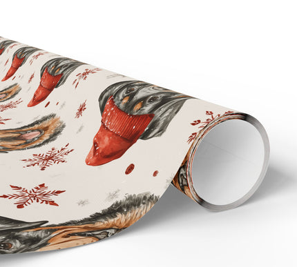 Rottie Cheer – Rottweiler Dog Christmas Pattern with Red Hat and Snowflakes Wrapping Paper