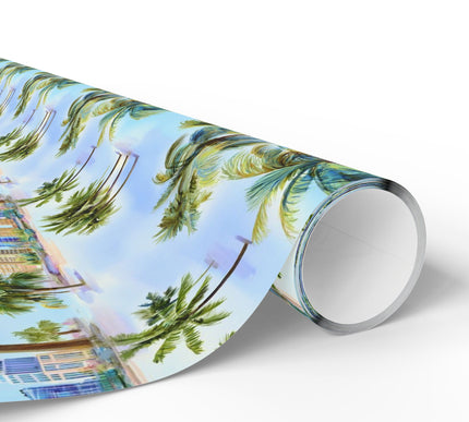 PalmGleam – Tropical palm trees with cityscape under a dreamy sky Wrapping Paper