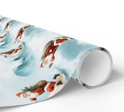 Arctic Tidings – Santa surfing with gift bag on winter ocean waves wrapping paper