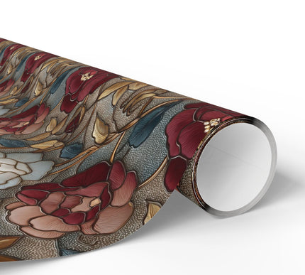 Gilded Garden - Ornate White Gold and Red Rose Stained Glass Wrapping Paper