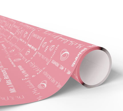Rosoria – Elegant Pink Wedding Script Wrapping Paper with Rings and Calligraphy
