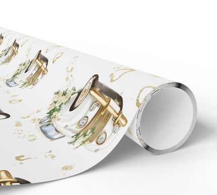 VowWheels – Classic Wedding Car with Roses and Gold Accents Wrapping Paper
