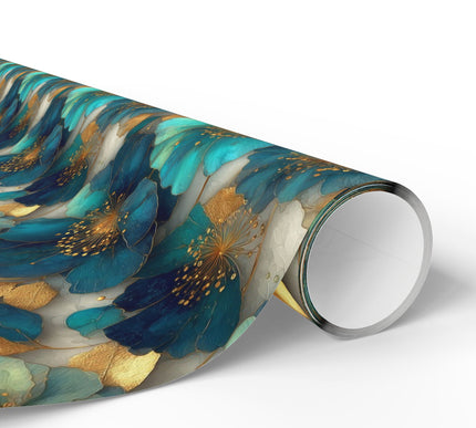 Gilded Sapphire Blooms - Luxurious Gold and Blue Floral Wrapping Paper
