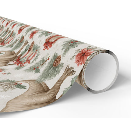 Evergreen Rex – Christmas Dinosaur Wrapping Paper with Santa Hat, Pinecones, and Holiday Gifts