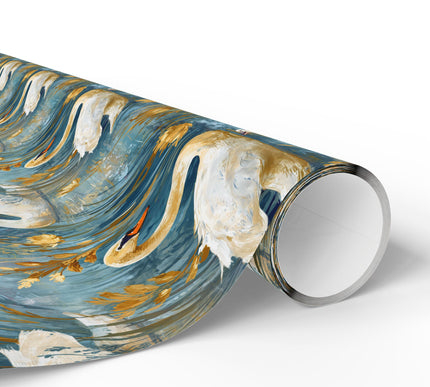 GoldenDrift – Elegant Swan Family in Water Garden Wrapping Paper