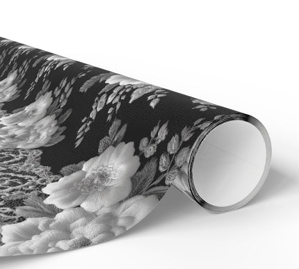 Midnight Blossom Veil - Exquisite Black and White Lace Floral Wrapping Paper