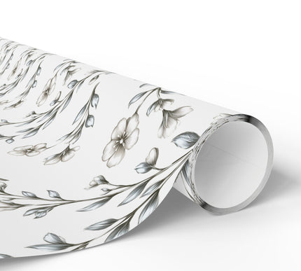 Silversage Bloom – Subtle silver-toned floral pattern on white background wrapping paper