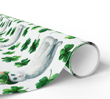 Emerald Snowpaw – White Cat St. Patrick’s Day Clover wrapping paper