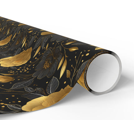 Noctegold Bloom – Black and gold foil floral seamless wrapping paper