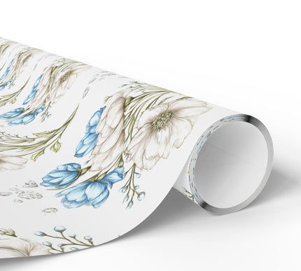 Glimmerpetal Waltz – Delicate white and blue blooming flowers with crystals wrapping paper