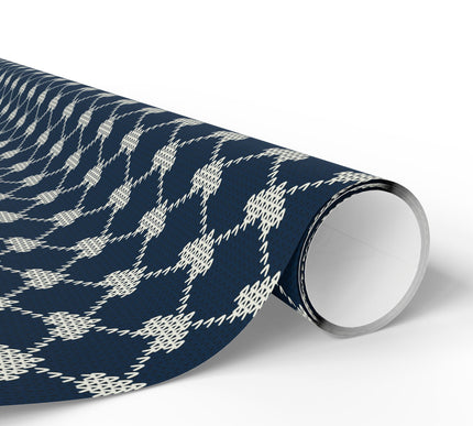 Midnight Embrace – Knitted Heart Pattern Wrapping Paper (Navy & White)