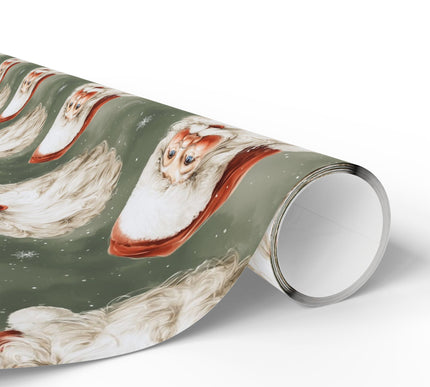 Jollygreen Gaze – Classic Santa heads with red hats on dark green snowy background wrapping paper