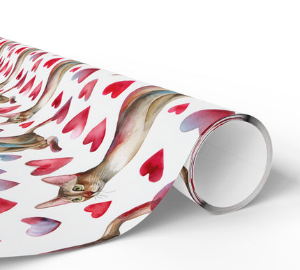 Velourpaw Romance – Watercolor Abyssinian Cat with Pink Hearts Wrapping Paper
