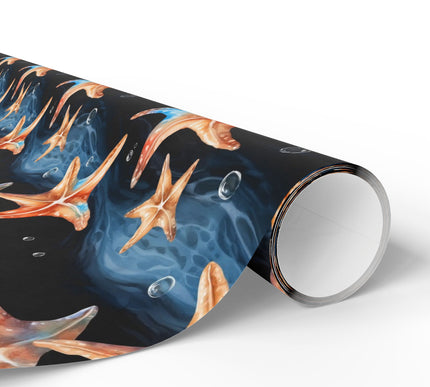 DeepTide – Watercolor Starfish on Black Ocean Wrapping Paper