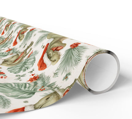 FrostRex – Christmas Dinosaur Wrapping Paper with Santa Hat and Holiday Gifts