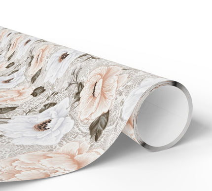LaceBloom – White Peonies and Anemones on Lace-Inspired Neutral Background Wrapping Paper